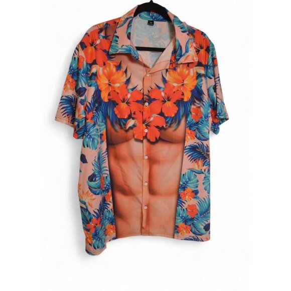 Unbranded Other - Men's Funny Hawaiian Shirt – Faux Abs Torso Print – Tropical Floral – Size L